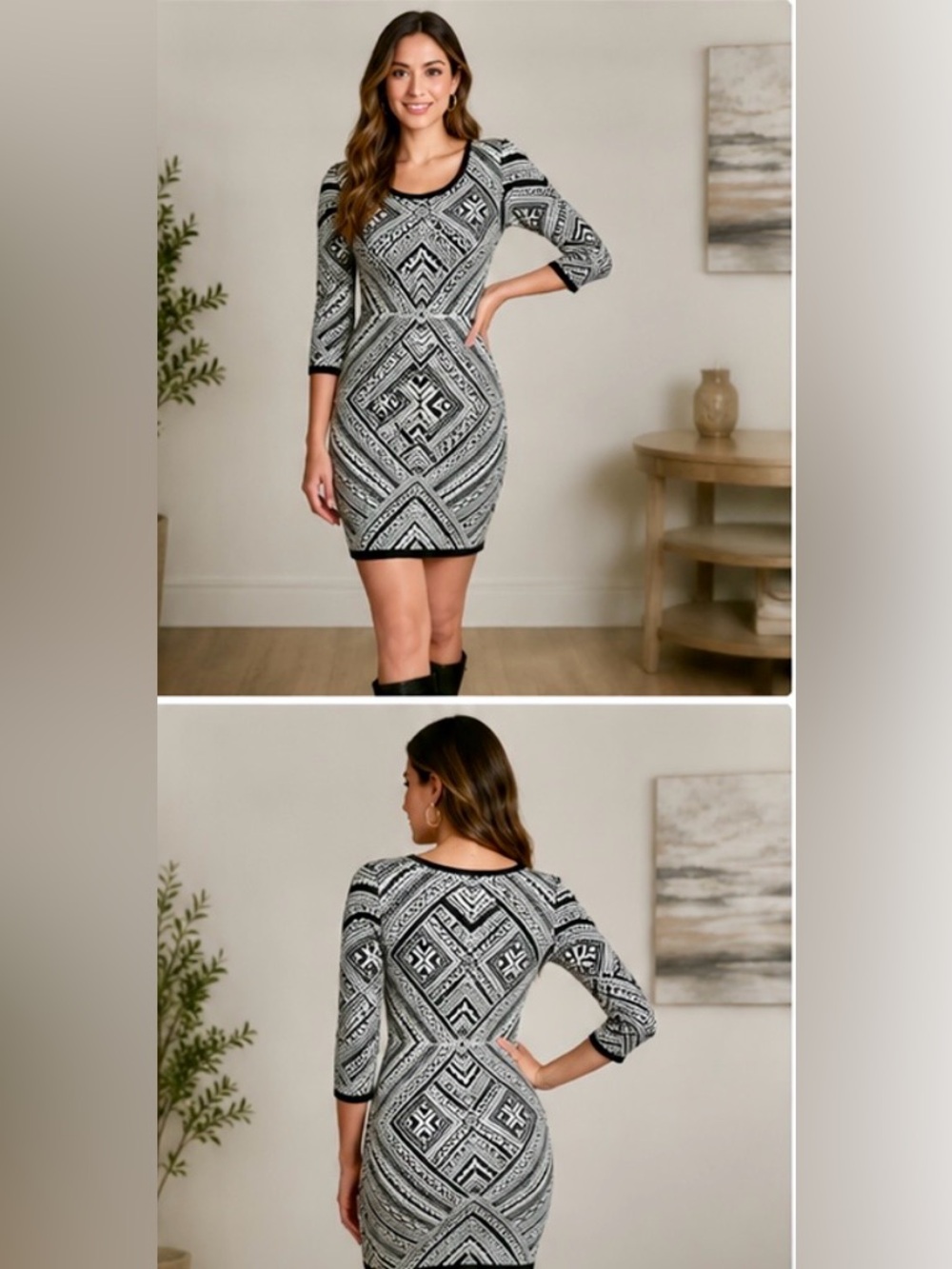 UK2LA Geometric Tribal Bodycon Knit Dress - Black & White - Small
